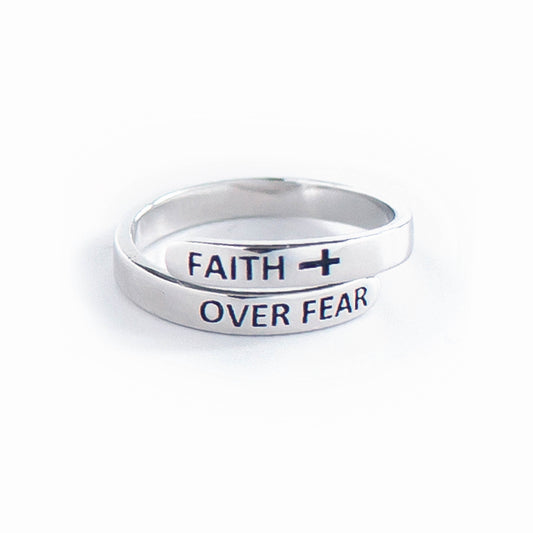 "FAITH OVER FEAR" Sterling Silver Cross Adjustable Ring