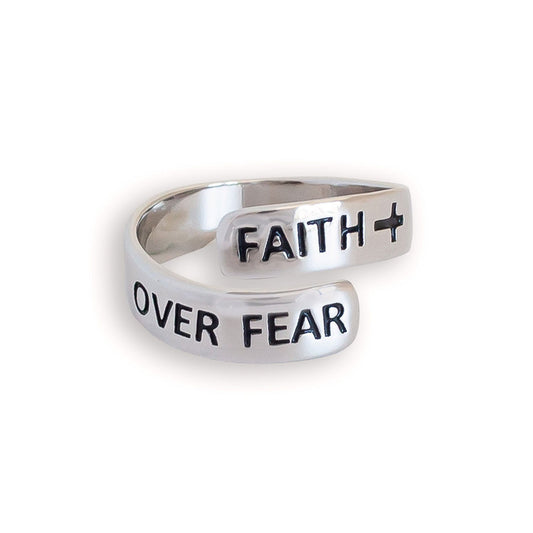 "FAITH OVER FEAR" Wide Sterling Silver Cross Ring