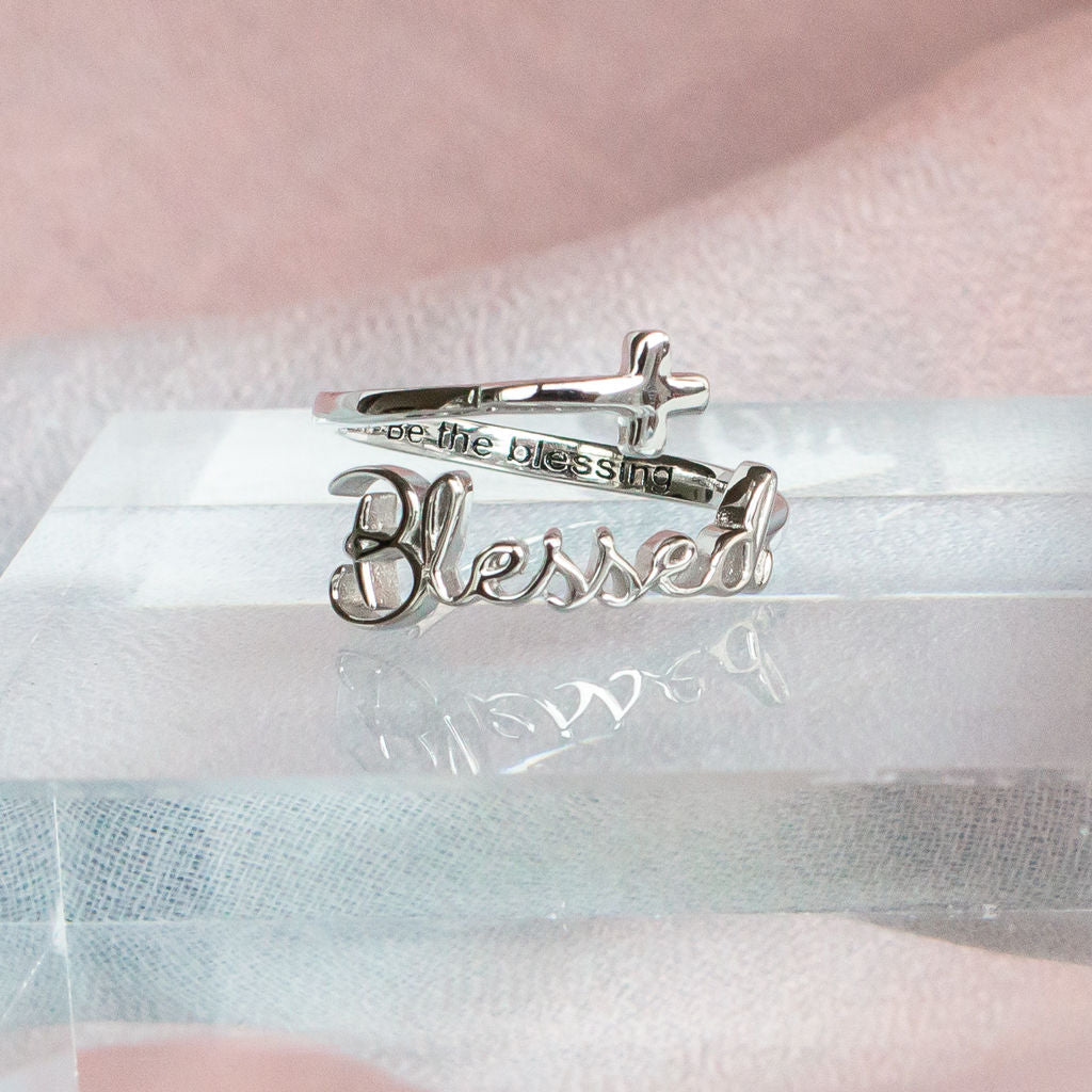 "Blessed" Script Sterling Silver Cross Adjustable Ring