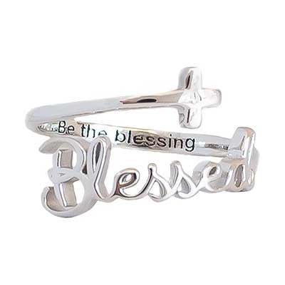 "Blessed" Script Sterling Silver Cross Adjustable Ring