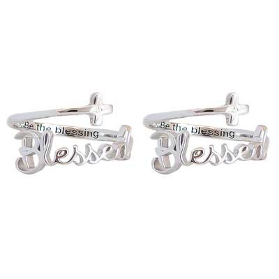 "Blessed" Script Sterling Silver Cross Adjustable Ring