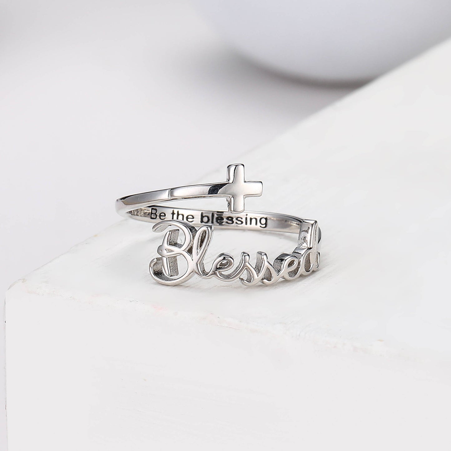 "Blessed" Script Sterling Silver Cross Adjustable Ring